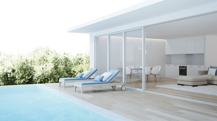 Fototapeta na wymiar Modern house interior. Interior of a villa with a swimming pool. 3D rendering.