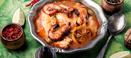 Seafood soup with prawns and mussels