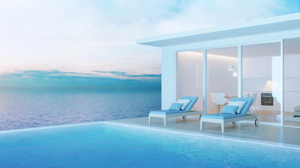 Plakat Interior of a villa with a swimming pool. House overlooking the sea. Night. Evening lighting. 3D rendering.