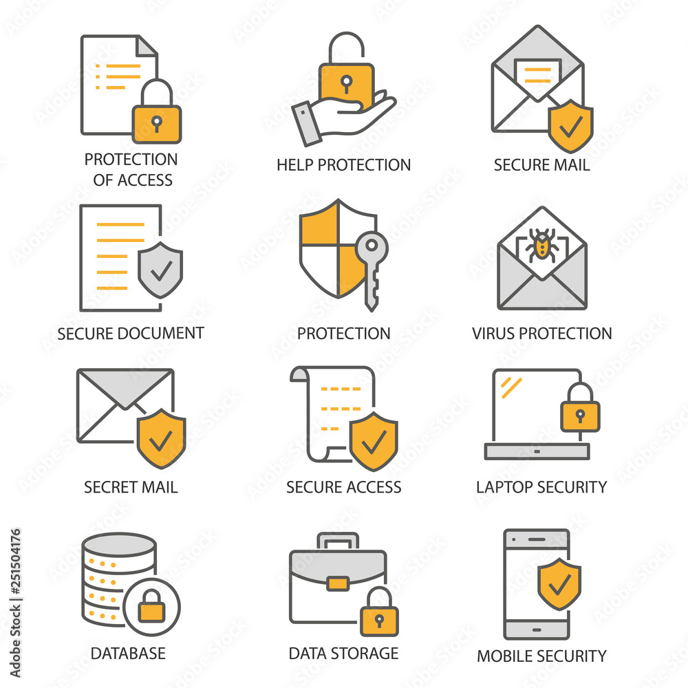 Wall mural data security flat line icon set. vector illustration. editable stroke.