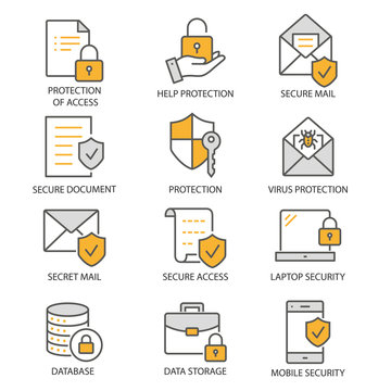 Data Security Flat Line Icon Set. Vector Illustration. Editable Stroke.