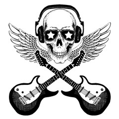 Cool vector rock music skull with headphones for t-shirt, emblem, logo, tattoo, sketch, patch