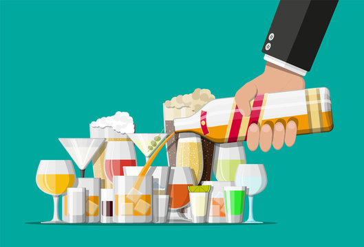 Alcohol drinks collection in glasses. Vodka champagne wine whiskey beer brandy tequila cognac liquor vermouth gin rum absinthe sambuca cider bourbon. Vector illustration in flat style.