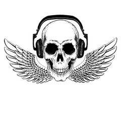 Obraz premium Cool vector rock music skull with headphones for t-shirt, emblem, logo, tattoo, sketch, patch