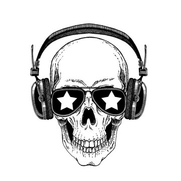 Cool vector rock music skull with headphones for t-shirt, emblem, logo, tattoo, sketch, patch