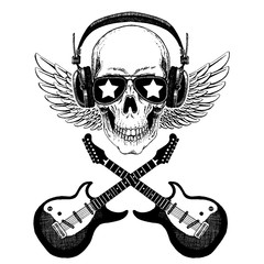Cool vector rock music skull with headphones for t-shirt, emblem, logo, tattoo, sketch, patch