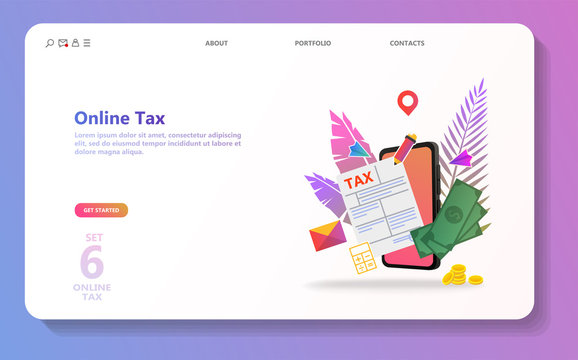 Online tax payment. People filling tax form. Flat isometric concept of online bill payment, shopping, banking, accounting Can use for template, landing page, ui, web, mobile app, poster, banner, flyer