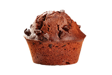 A side view of a chocolate chip muffin, isolated on a white background with a clipping path