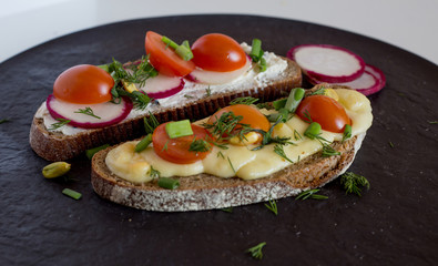 Multigrain toast bread with melt gouda or kaseri cheese and small tomatoes radish and green onion on top