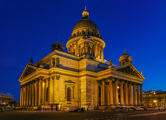 Fototapeta na wymiar Illuminated facade of Saint Isaac's Cathedral in Saint Petersburg, Russia