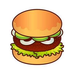 Burger food icon. Cartoon hand draw illustration of burger for web design, menu, game isoleted on white