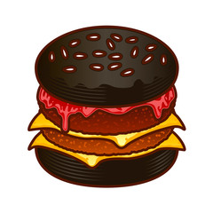 Black Burger food icon. Cartoon hand draw illustration of burger for web design, menu, game isoleted on white