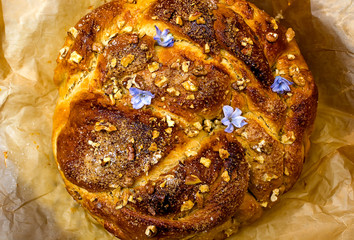 Sweet Easter bread with flowers decoration