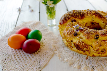 Sweet Easter bread with flowers decoration
