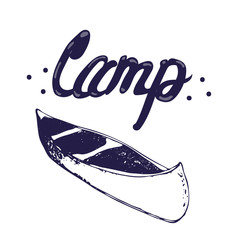 vector hand drawn minimal illustration with sketchy canoe augmented with Camp sign. travel and canoeing themes.