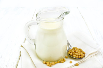 Milk soy in jug on board