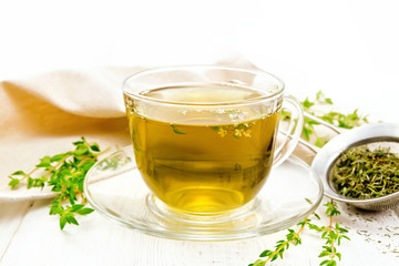 Tea of thyme in cup on table