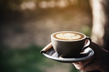 People serve beautiful fresh relax morning coffee cup set - people with coffee set background concept