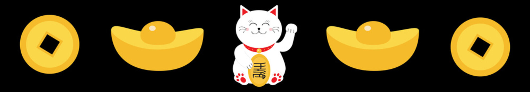 Lucky white cat sitting and holding golden coin. Chinese gold Ingot Money Japanese Maneki Neco kitten waving hand paw. Cute cartoon character. Flat design. Greeting card. Black background.