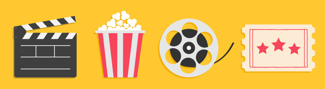 Cinema icon set line. Popcorn box package Big movie reel. Open clapper board. Ticket Admit one. Three star. Flat design style. Yellow background. Isolated.