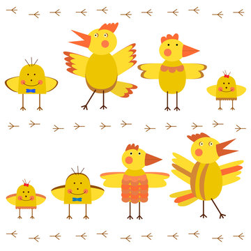 A set of funny characters. Chicken family: father, mother, son, daughter. Friendly family.  Happy Easter.  Vector.