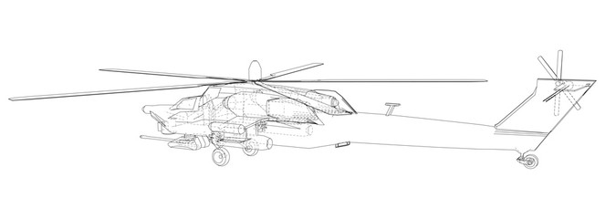 Silhouette of military helicopter. Created illustration of 3d. Vector wire-frame concept.
