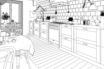 Modern Kitchen Arrangement (scetch) - 3d illustration