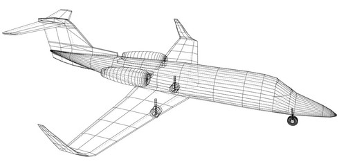 Airplane blueprint. Outline aircraft on white background. Created illustration of 3d