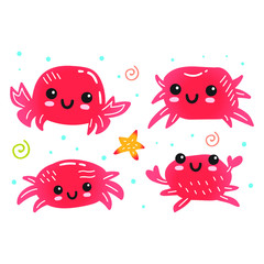 Set of crabs. Hand drawn funny vector illustration. For greeting card, t shirt, print, stickers, posters design on white background.