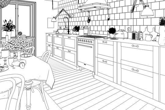 Modern Kitchen Arrangement (scetch) - 3d illustration