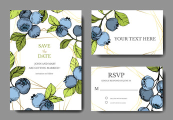 Vector Blueberry blue and green engraved ink art. Berries and green leaves. Wedding background card decorative border.