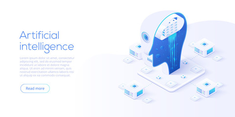 Artificial intelligence or neural network concept in isometric vector illustration. Neuronet or ai technology background with robot head and connections of neurons. Web banner layout template. - obrazy, fototapety, plakaty