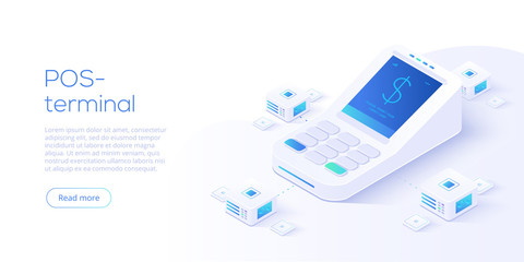 Internet banking concept in isometric vector illustration. Digital payment or online money transfer service. POS terminal for contactless pay. Website banner or webpage layout template. - obrazy, fototapety, plakaty
