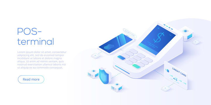 Internet Banking Concept In Isometric Vector Illustration. Digital Payment Or Online Money Transfer Service. POS Terminal For Contactless Smartphone Pay. Website Banner Or Webpage Layout Template.