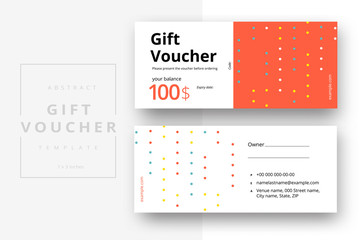 Abstract gift voucher card template. Modern discount coupon or certificate layout with geometric shape pattern. Vector fashion bright background design with information sample text.