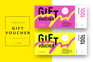 Abstract gift voucher card template. Modern discount coupon or certificate layout with geometric shape pattern. Vector fashion bright background design with information sample text.