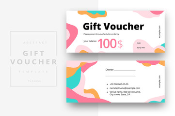 Fototapeta na wymiar Abstract gift voucher card template. Modern discount coupon or certificate layout with geometric shape pattern. Vector fashion bright background design with information sample text.