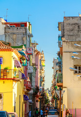 Colorful old houses along the street in old Havana city center,