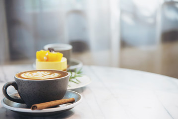Fototapeta na wymiar Beautiful fresh relax morning coffee cup set - Coffee set background concept