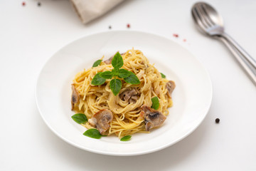 Mushroom Spaghetti Pasta and cream sauce. Homemade Italian pasta with champignon mushroom. 