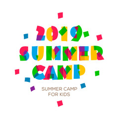 Themed Summer Camp 2019 poster in flat style, vector illustration.