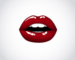 Red girl lips. Woman sexy red mouth. Female chic velvet kiss with lipstick, gloss.Valentines, mothers day logo.