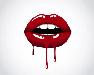 Foto op Plexiglas Rode druipende meisjeslippen. Vrouw bloeden sexy rode mond. Smeltende kus met lippenstift, glans. Valentijnsdag, moederdaglogo. © georgerod