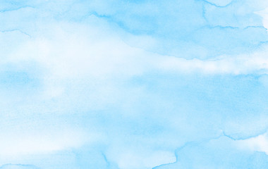 Gradient light sky blue shades watercolor background on white paper texture. Aquarelle painted textured canvas design for grunge cards, vintage templates. Paint hand drawn illustration © KatMoy