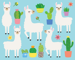 Fototapeta na wymiar Cute plain white llamas or alpacas and cacti vector illustration set.