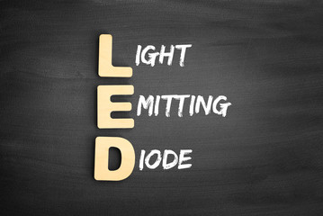 Wooden alphabets building the word LED - Light Emitting Diode acronym on blackboard