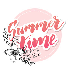Summer time vector banner design with white circle for text and colorful beach elements in white background. Vector illustration.