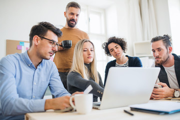 Obraz premium Group of young businesspeople with laptop working together in a modern office.