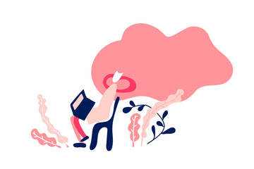 Young woman using a notebook with social media. Girl sitting on chair getting likes in social network freelance concept. Vector cartoon illustration isolated on white background