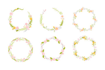 Set of Spring flower herbs wreath. Flat abstract Vector garden frame, woman day romantic holiday, wedding invitation card decoration element summer floral Illustration
